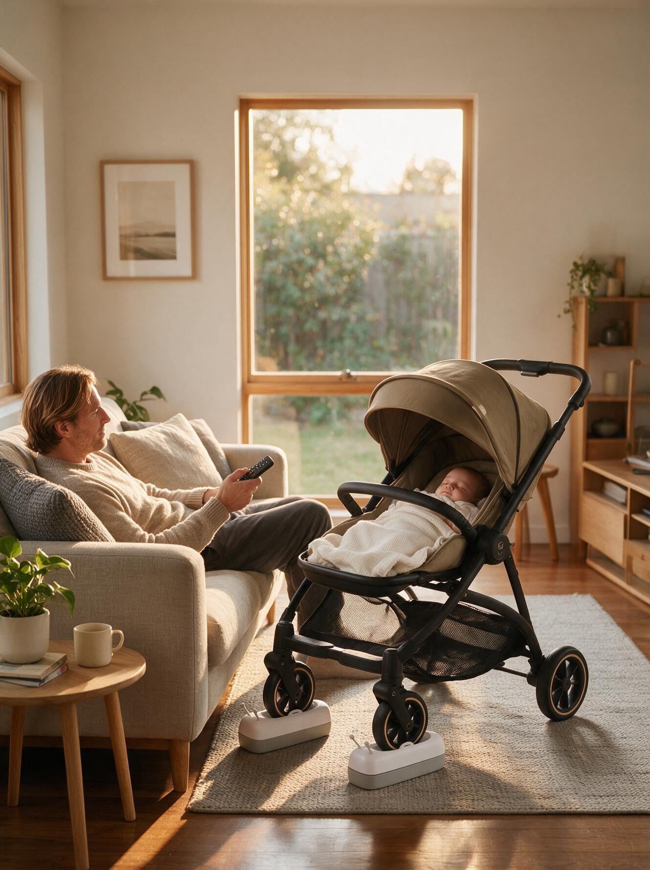 Sway under the wheel of a baby pram while a parent rests nearby