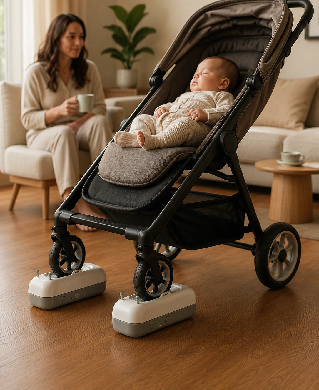 Sway positioned under a pram wheel